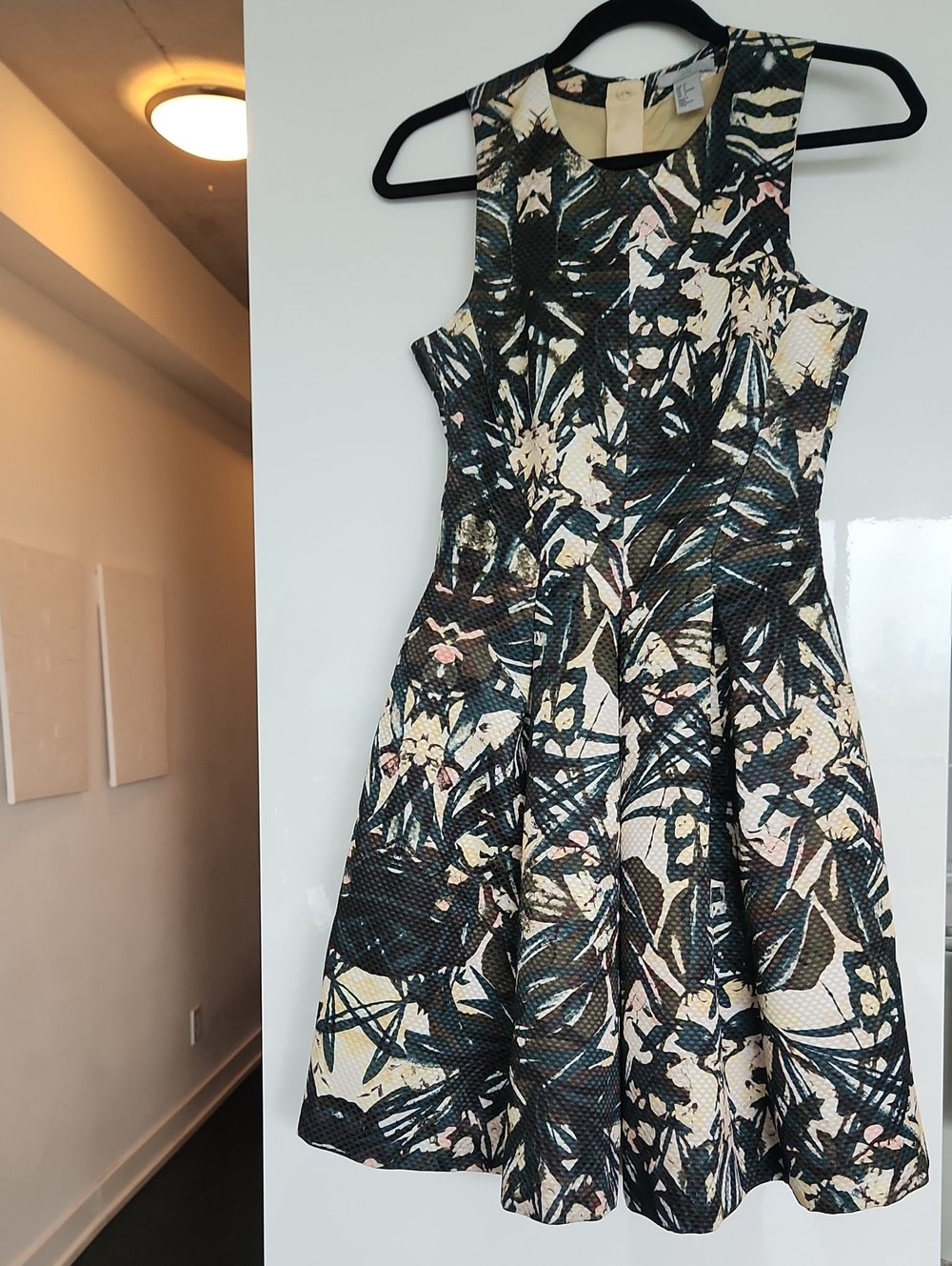 Floral Fit-and-Flare Sleeveless Dress in Green, Yellow, Rose & Cream